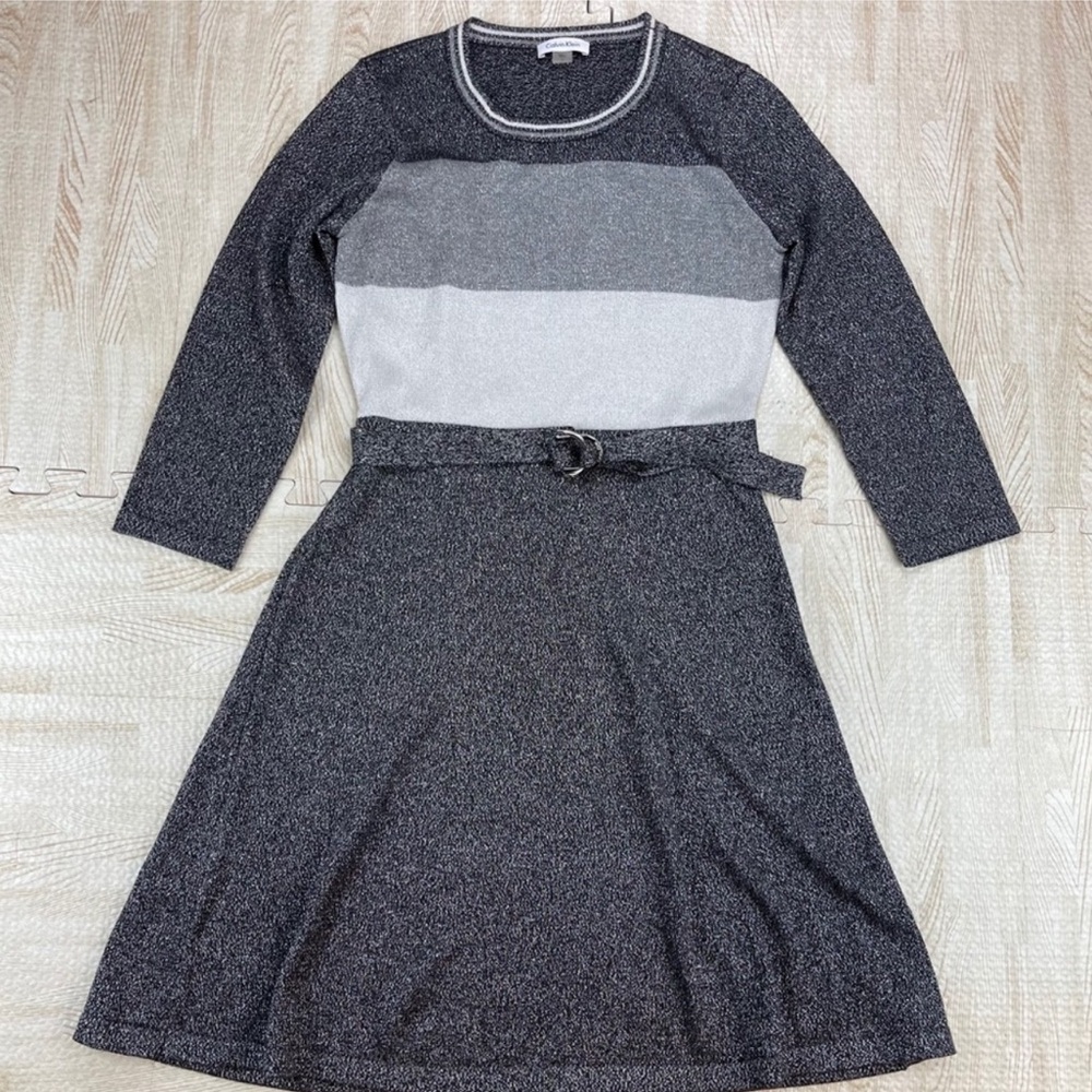 Calvin Klein Sparkle Metallic Sweater Belted Gray Dress, Sz L - Picture 1 of 5